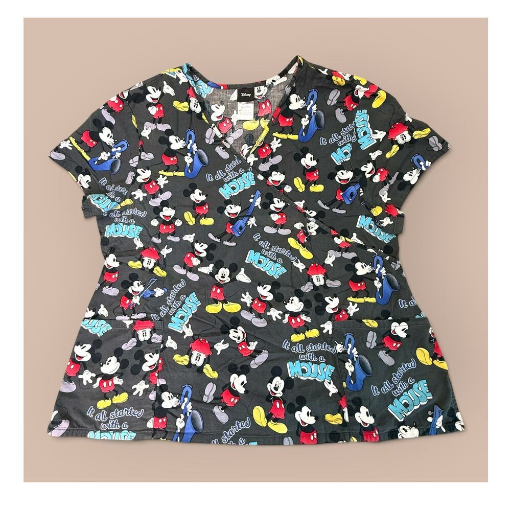 Disney Mickey Mouse Mock Wrap Scrub Top Women Plus 3XL Gray Short Sleeve Cotton